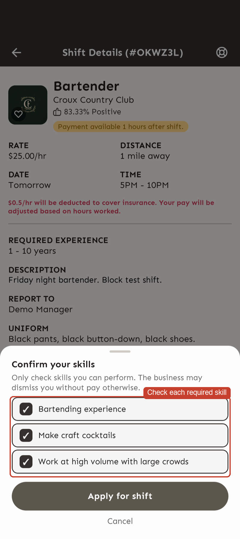 Lista de verificación Confirm your skills al postularse con todas las habilidades requeridas marcadas y el botón Apply for shift habilitado