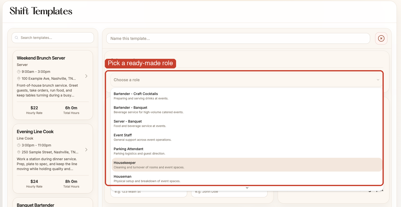 Menú desplegable Select a role con un recuadro que destaca la lista de roles predefinidos