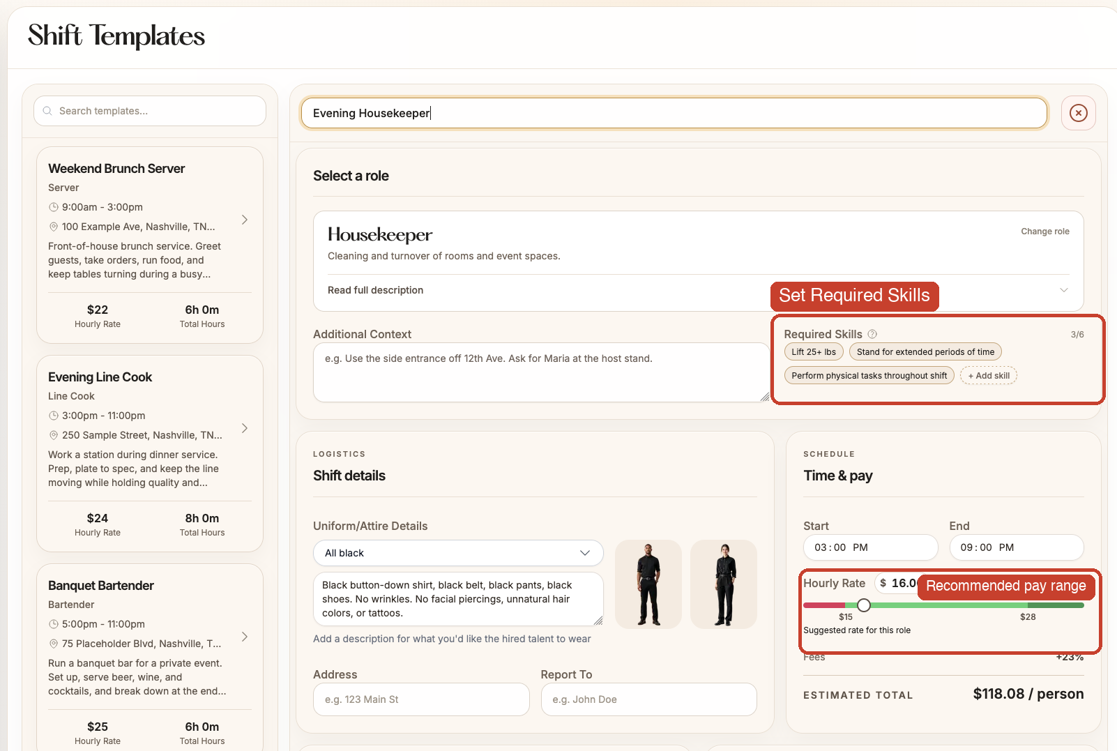 Constructor de plantillas de turno con recuadros que destacan las Required Skills y el rango de pago recomendado