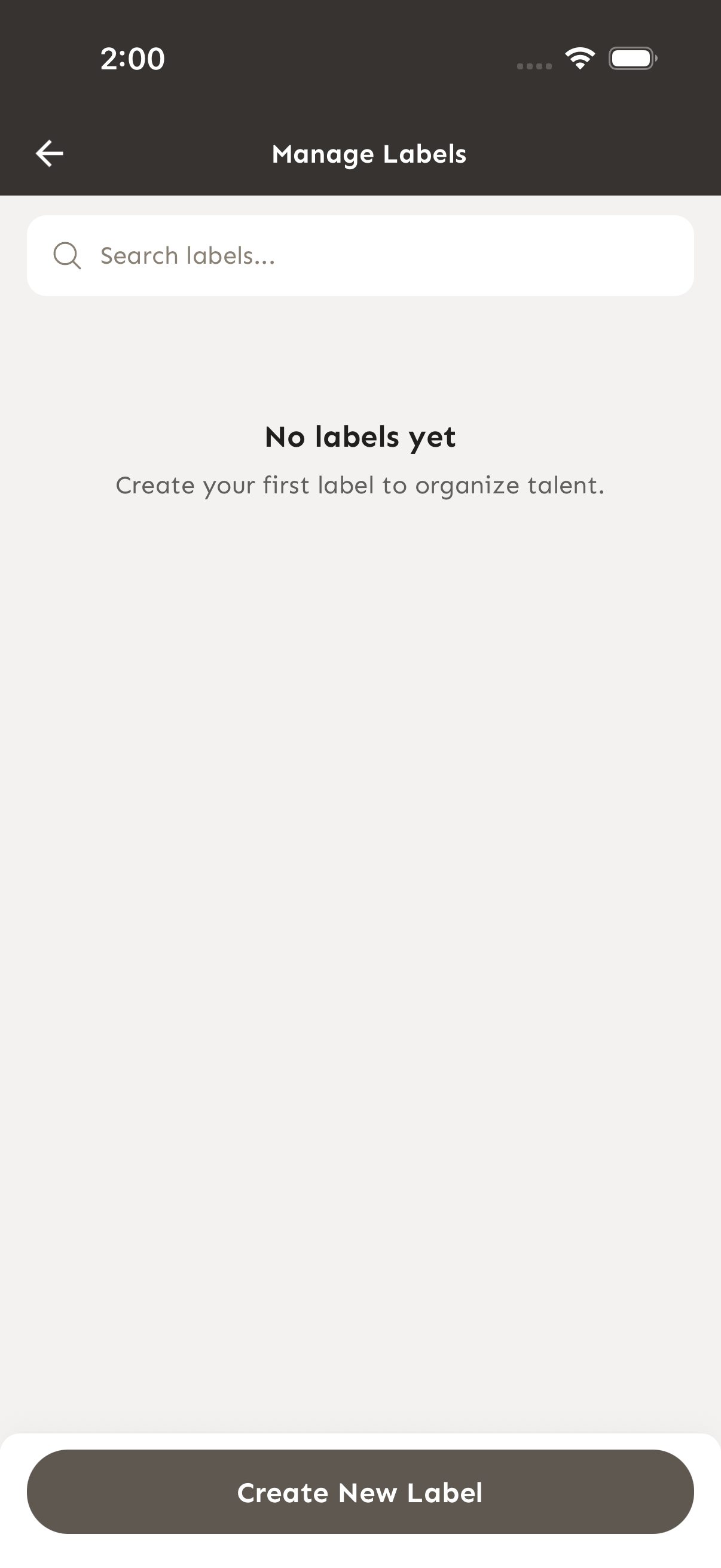 Pantalla de Manage Labels con el botón Create New Label