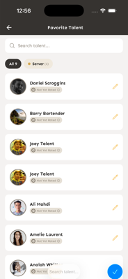 Lista de Favorite Talent con el filtro de la etiqueta Server mostrando 1 talento etiquetado