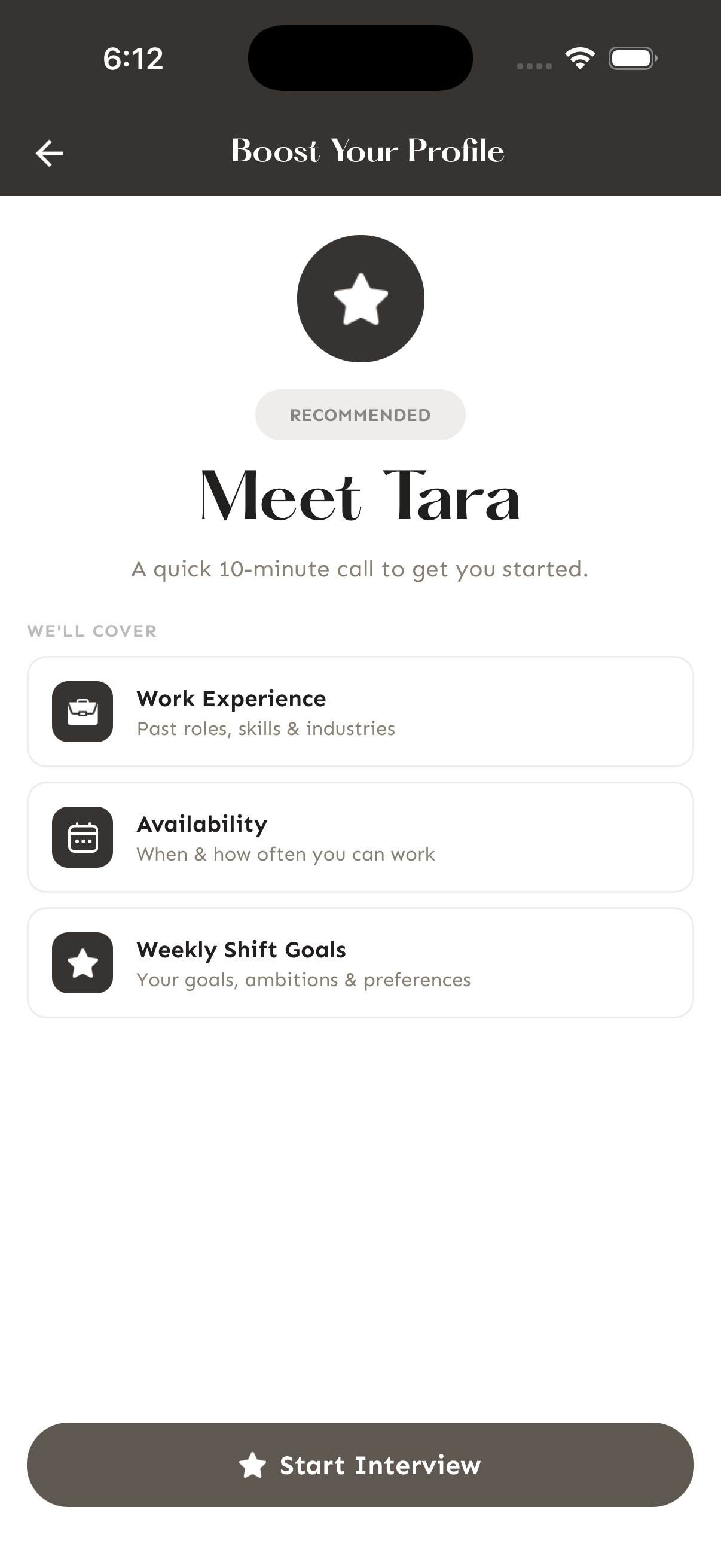 Pantalla Meet Tara mostrando los temas de experiencia laboral, disponibilidad y metas semanales de turnos