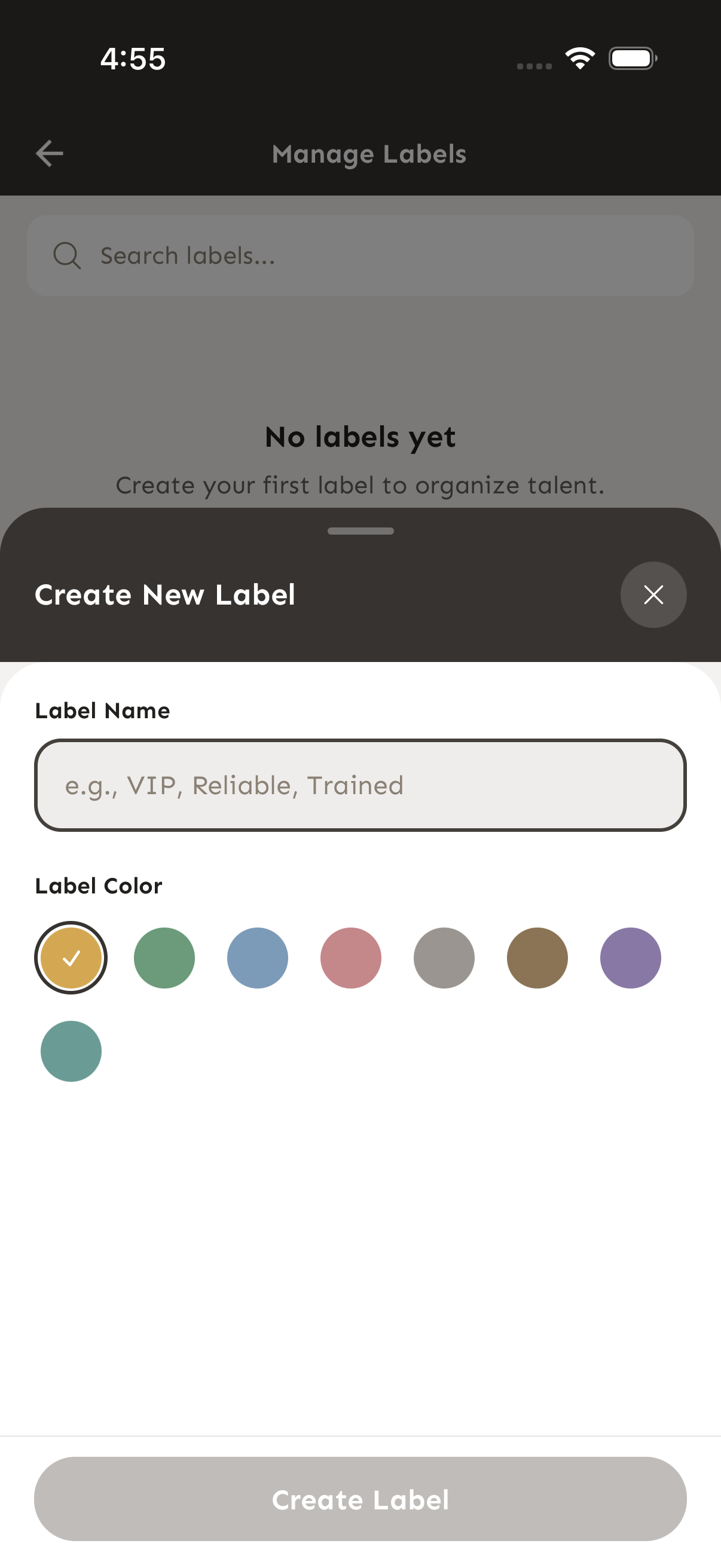 Cuadro de diálogo Create New Label mostrando el campo de nombre y las opciones de color