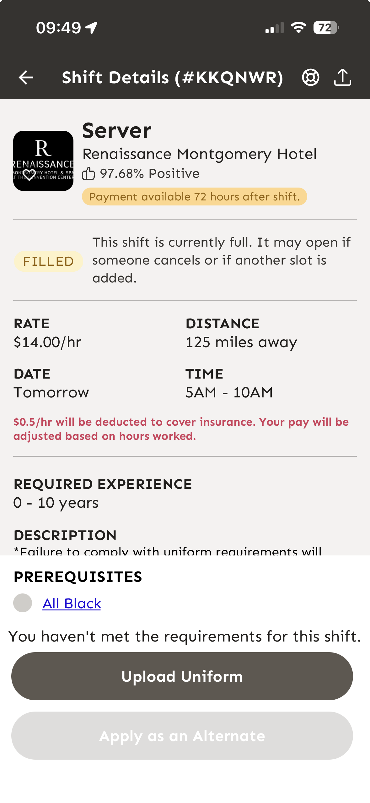 Detalles del turno mostrando la insignia Payment available 72 hours after shift