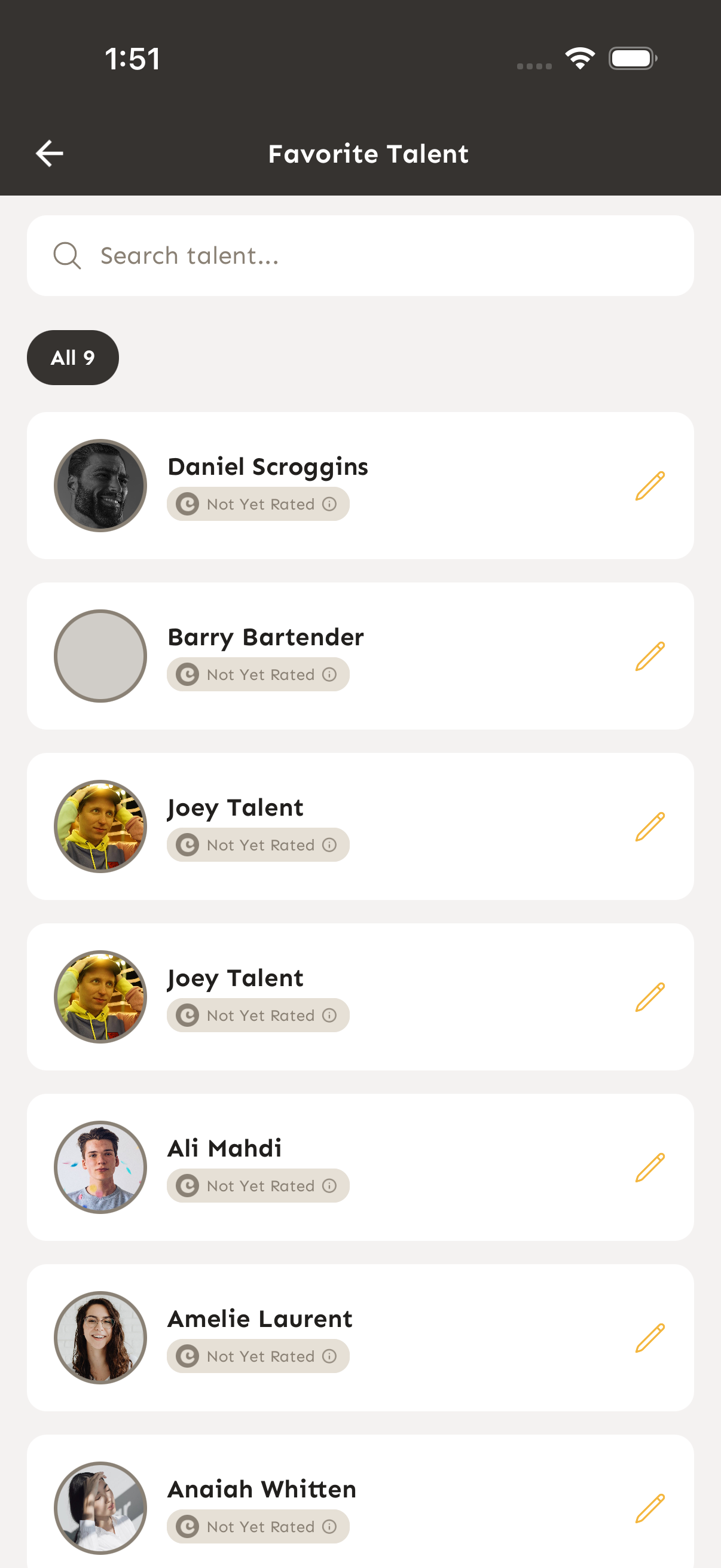 Lista de Favorite Talent mostrando la barra de búsqueda y los trabajadores marcados como favoritos