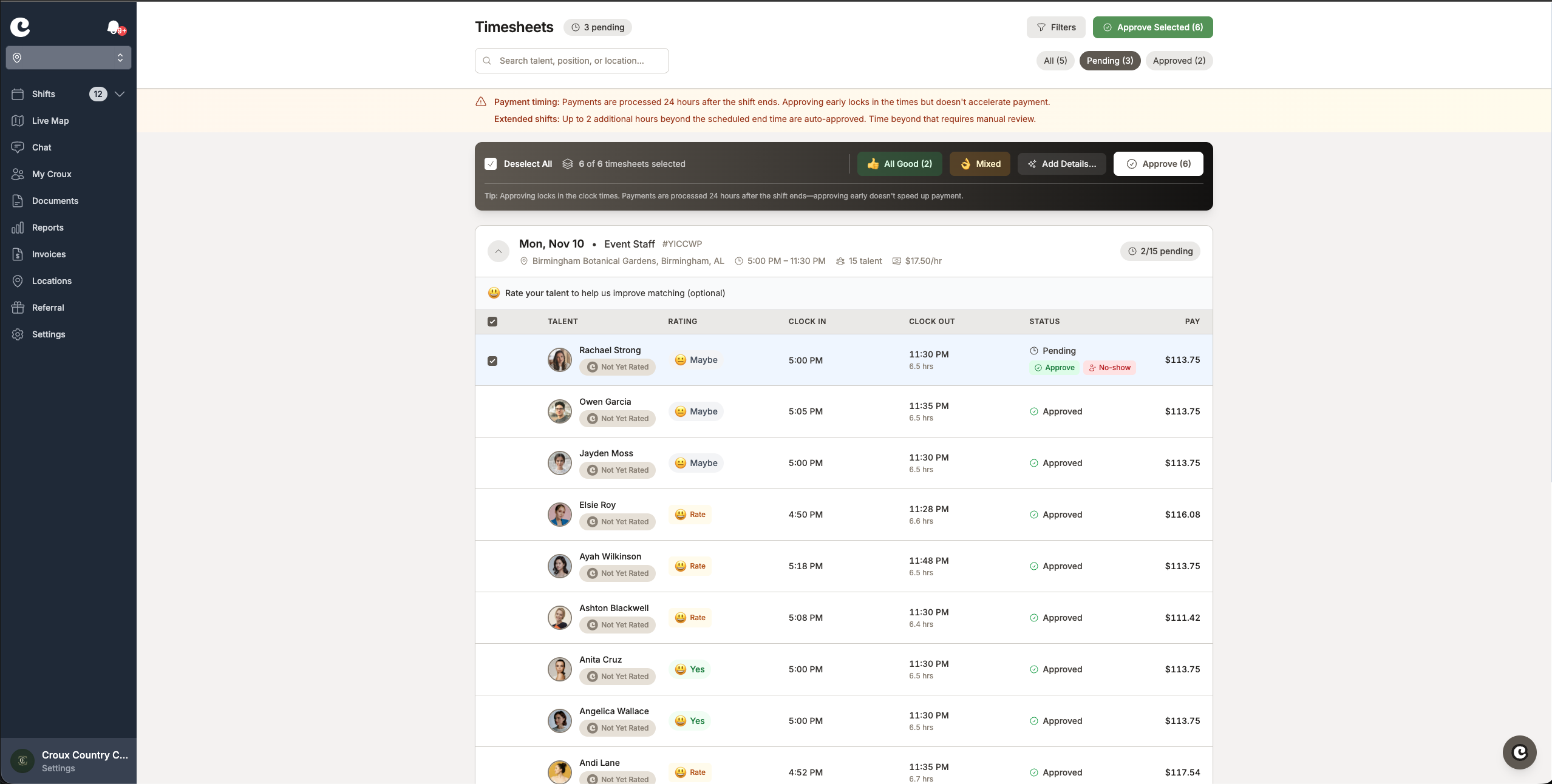 Panel de hojas de tiempo en la web con aprobación en bloque
