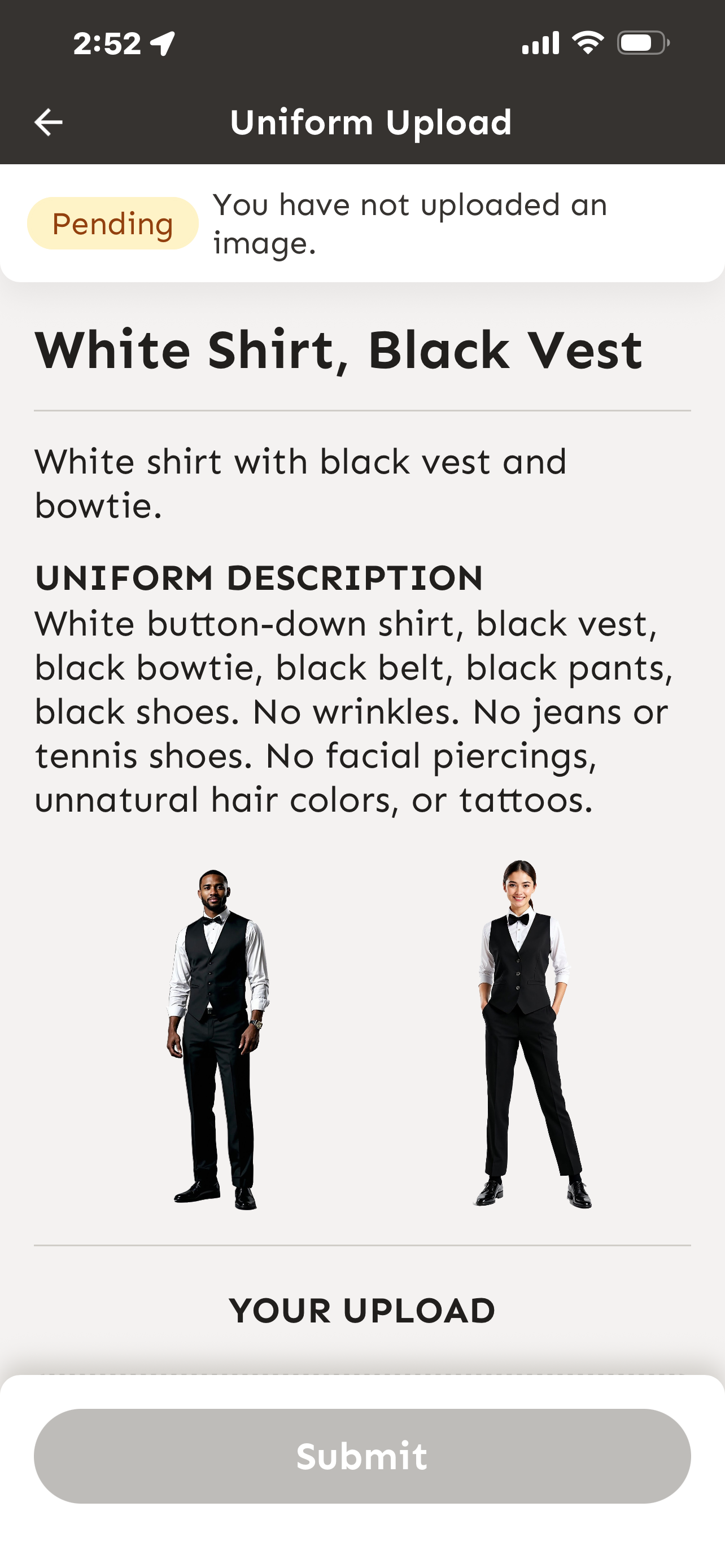 Requisitos de uniforme mostrados en la app de Croux
