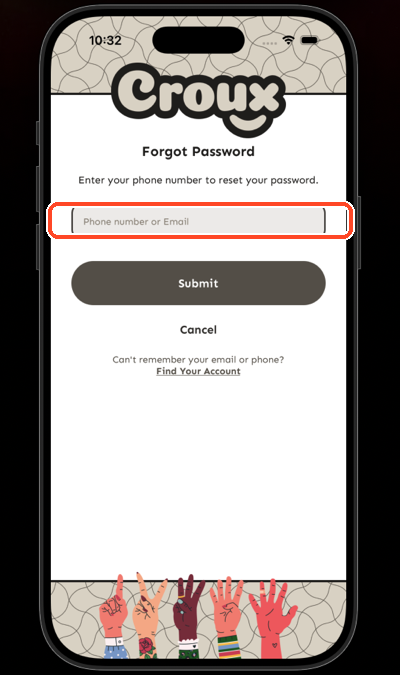 Pantalla de Forgot Password con un campo para ingresar tu número de teléfono o correo electrónico