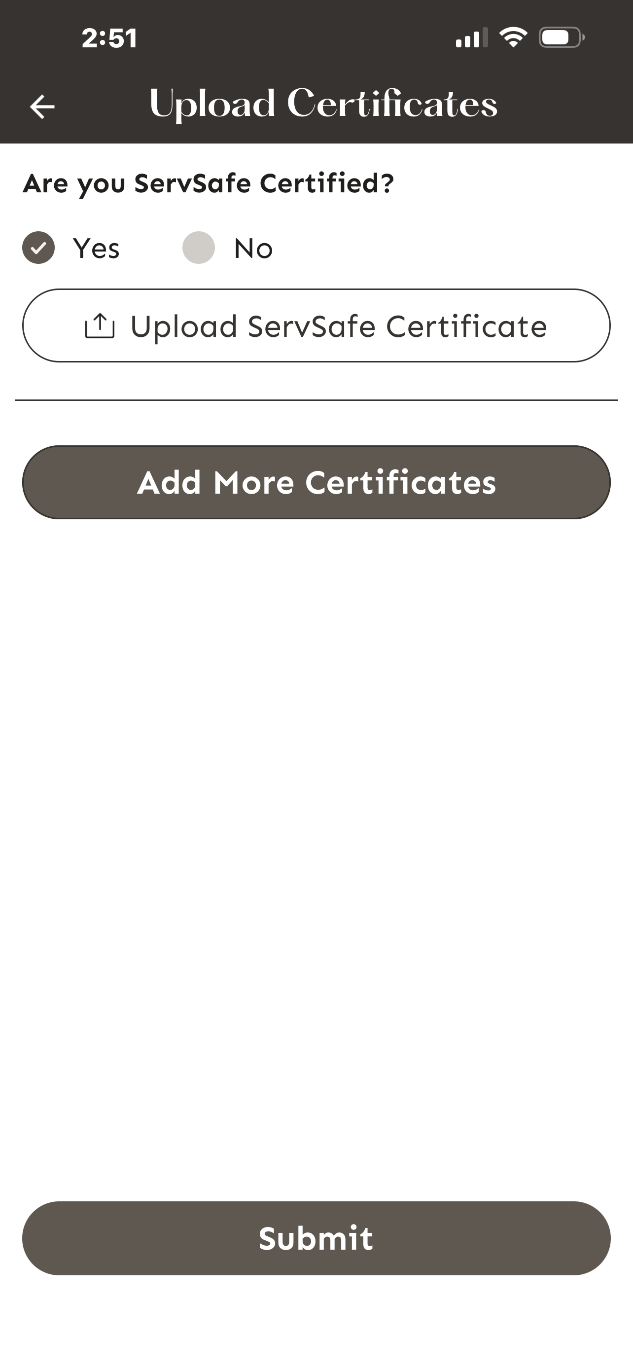 Pantalla Certificates con la opción Yes seleccionada y la opción de subir el certificado