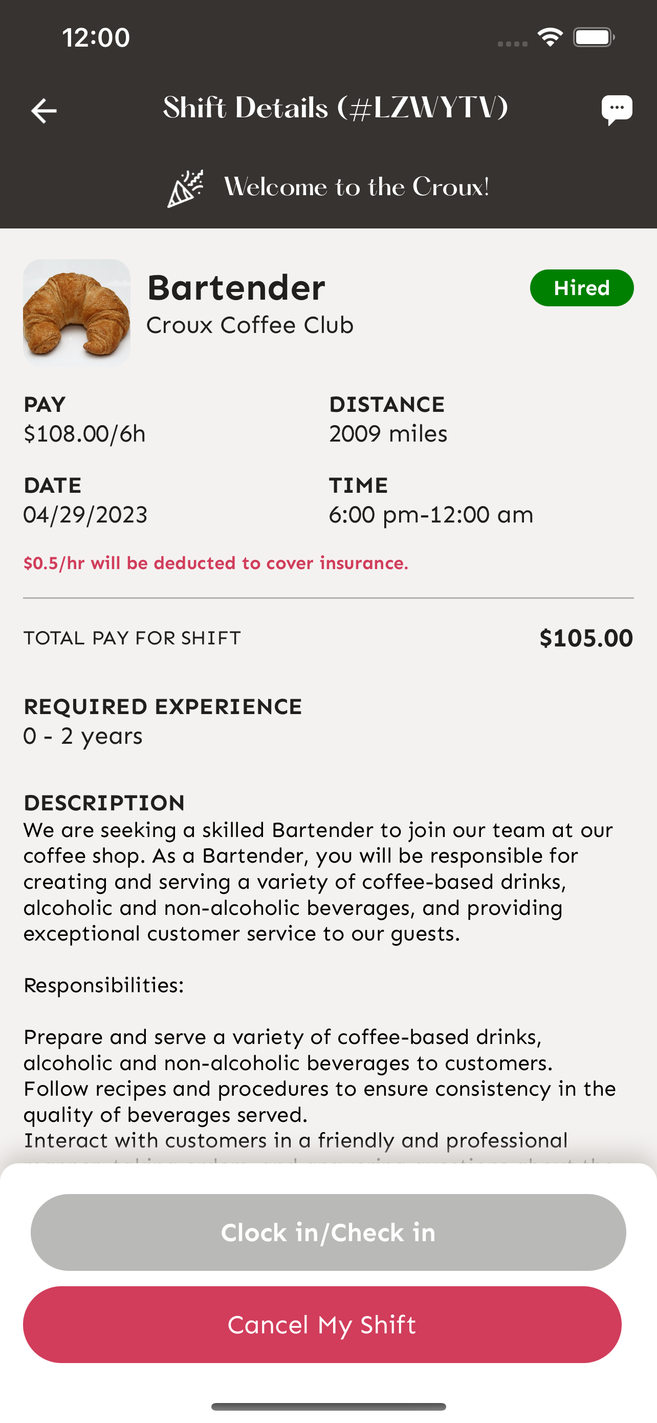 Botón Cancel My Shift en los detalles del turno