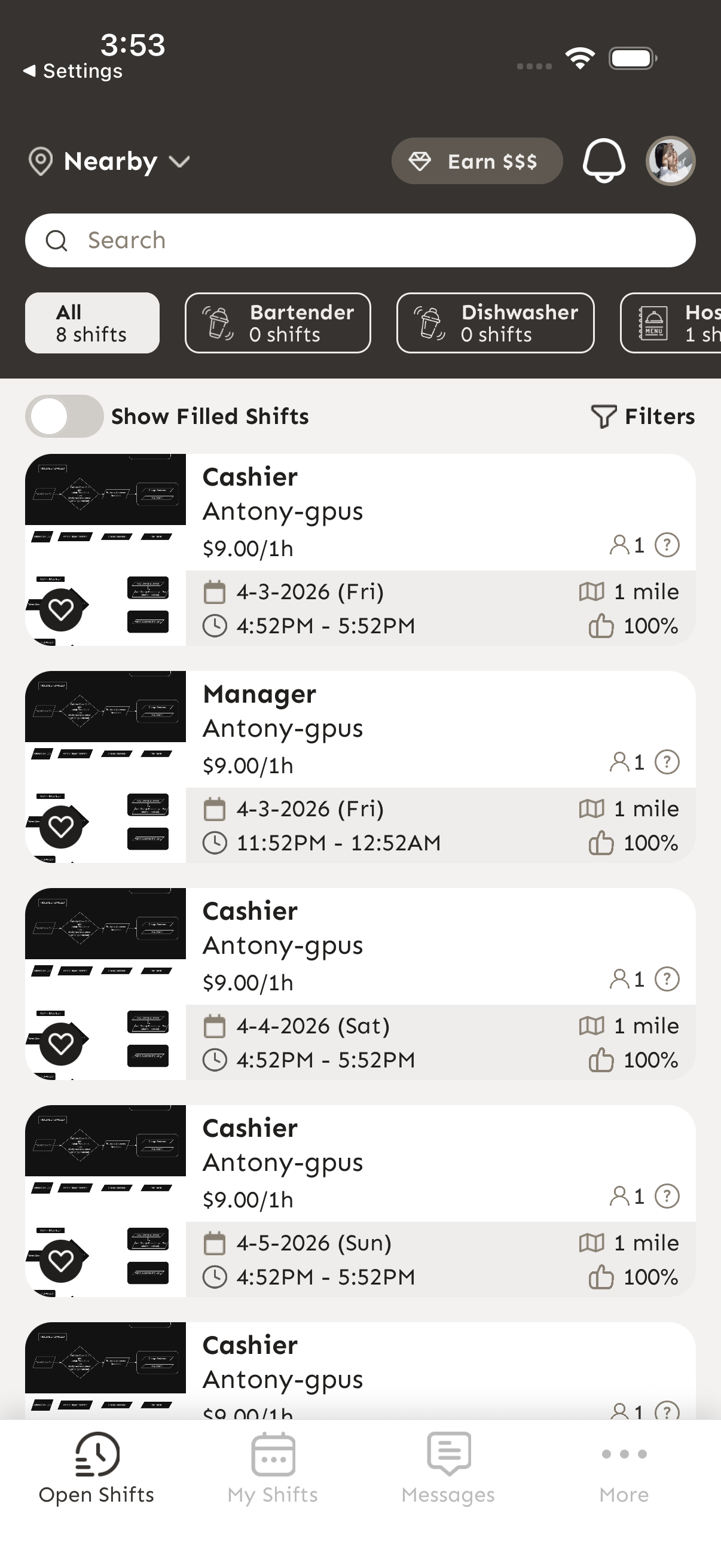 Pantalla de Open Shifts mostrando turnos disponibles con filtros de posición