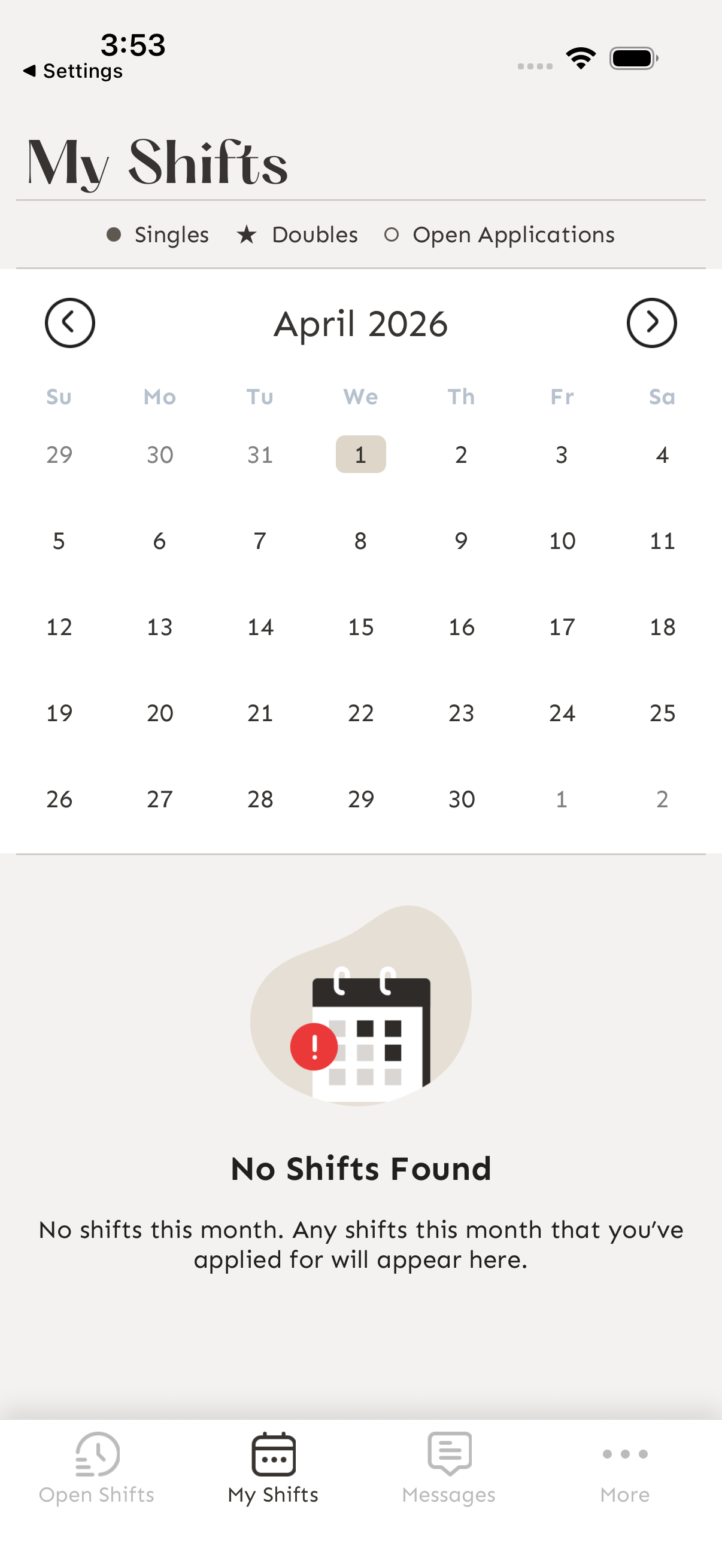 Vista de calendario de My Shifts mostrando abril de 2026