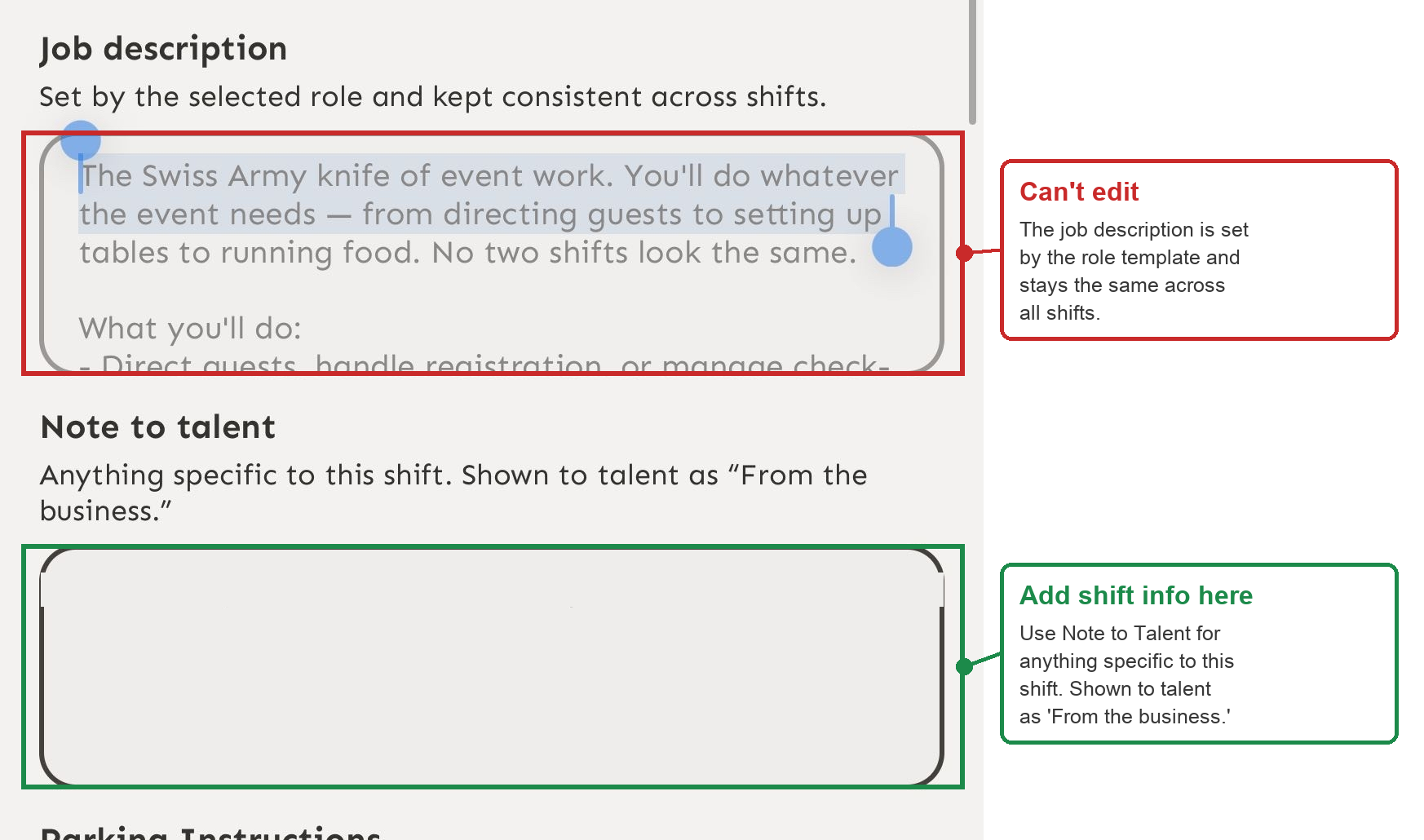 Edit Shift screen: the Job description field is locked and set by the role template, while the Note to Talent field below it is editable for anything specific to the shift