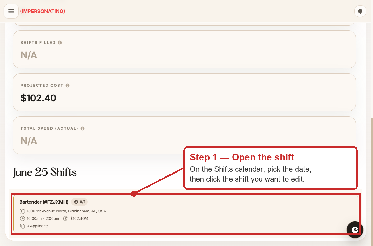 Shifts calendar with a shift card highlighted, showing where to click to open a shift to edit