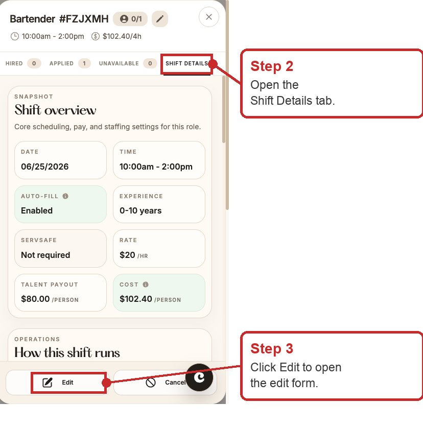 Shift detail panel with the Shift Details tab and the Edit button highlighted