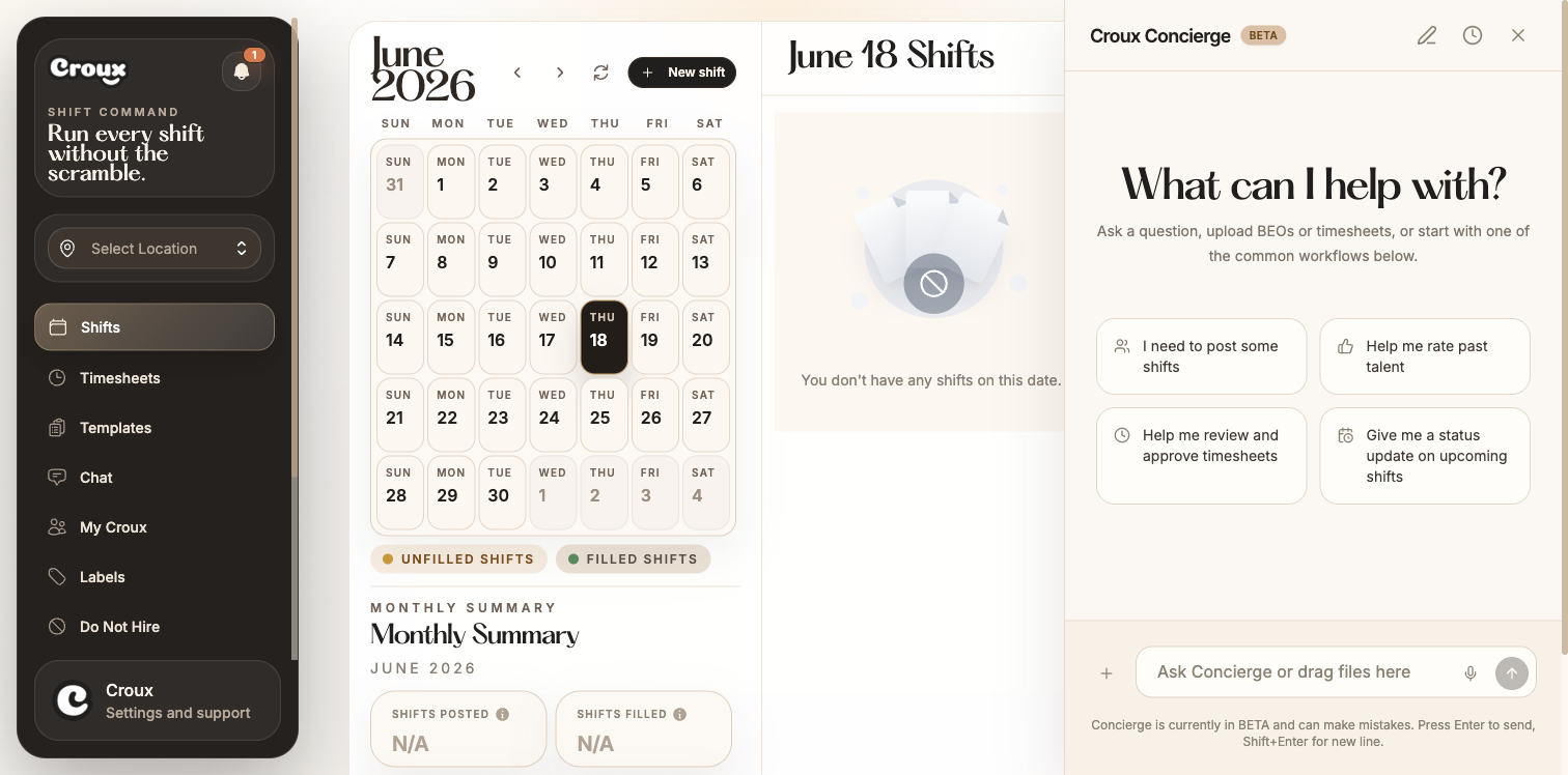 The Croux Concierge welcome screen with quick-start workflows and a Beta badge
