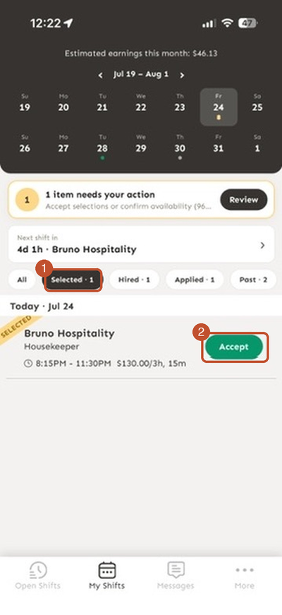 Selected filter showing a shift with the green Accept button