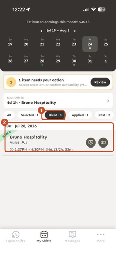 Hired filter showing a booked shift card with message and directions buttons