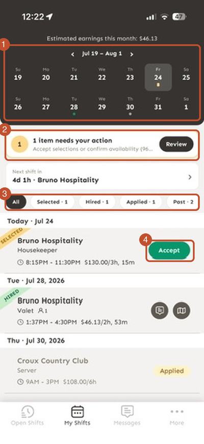 My Shifts screen with the two-week calendar, needs-your-action banner, status chips, and Accept button highlighted