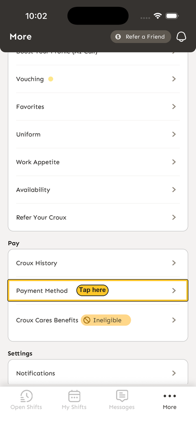 Croux app More menu with the Payment Method row highlighted under the Pay section