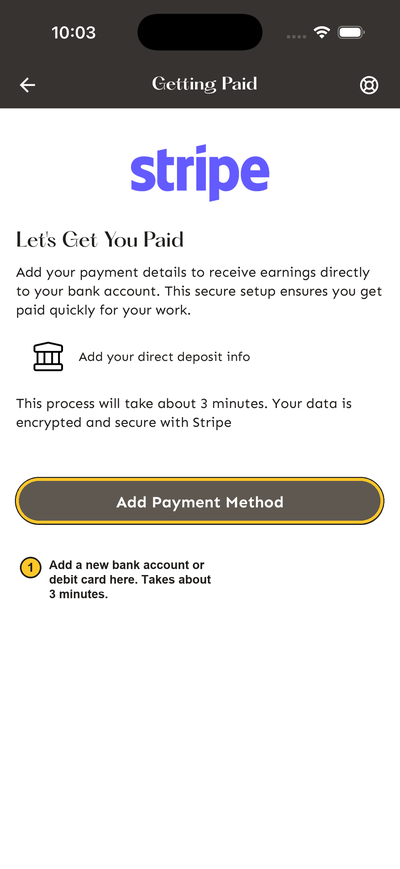 Getting Paid screen with the Add Payment Method button highlighted
