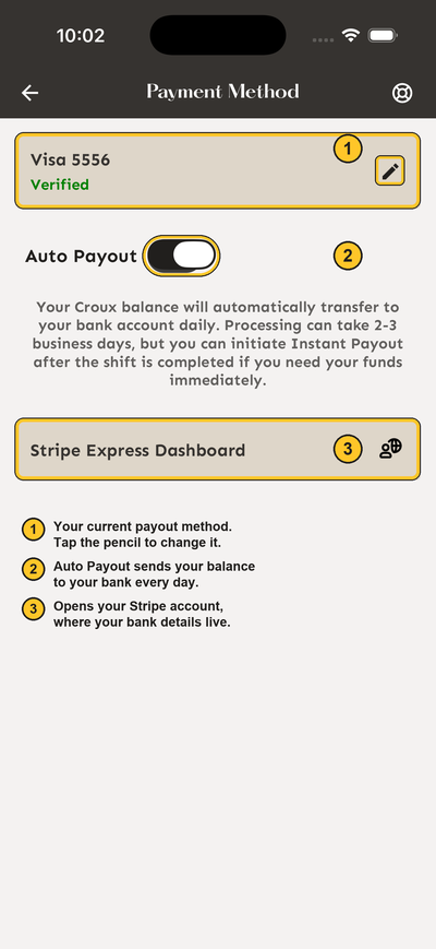 Pantalla Payment Method que muestra el metodo de pago actual, el icono de lapiz, el interruptor de Auto Payout y el enlace Stripe Express Dashboard