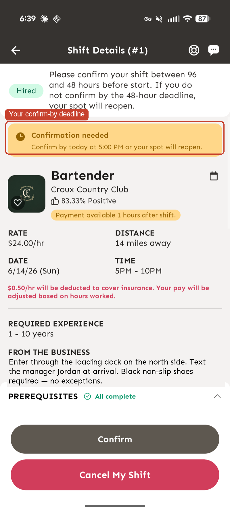 Shift Details with the Confirmation needed banner showing the exact confirm-by deadline