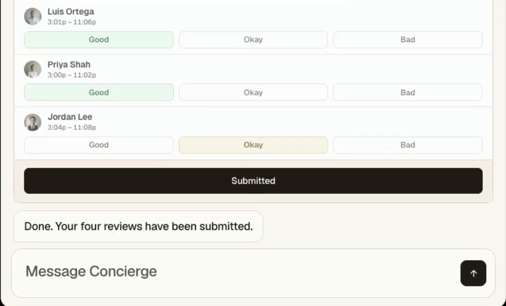 The Concierge Rate Talent card showing Good, Okay or Bad set for each person on the shift, a Submitted button, and the message Done. Your four reviews have been submitted.