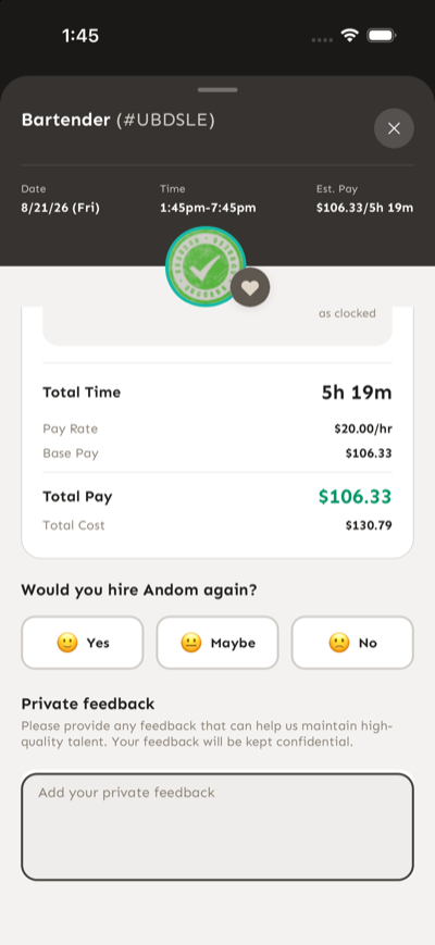 The timesheet screen in the Croux app showing the pay summary, the question Would you hire them again with Yes, Maybe and No buttons, and a Private feedback box.