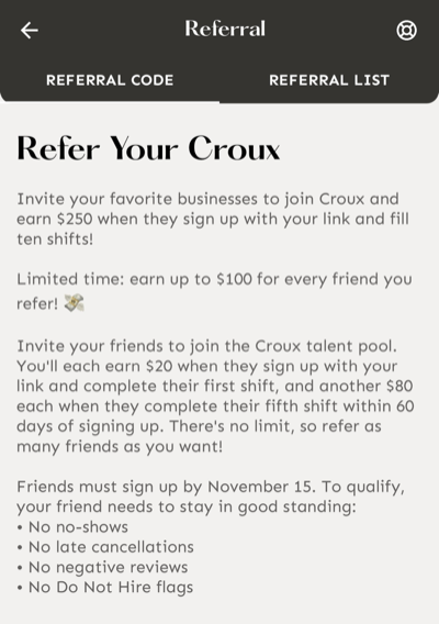 Referral screen showing the limited-time first-shift and fifth-shift rewards and eligibility conditions.