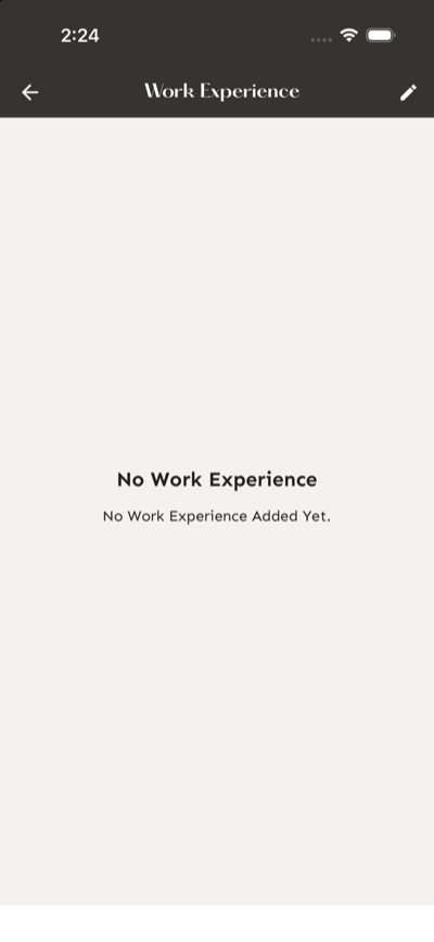 Empty Work Experience screen with the pencil edit icon in the upper-right corner.