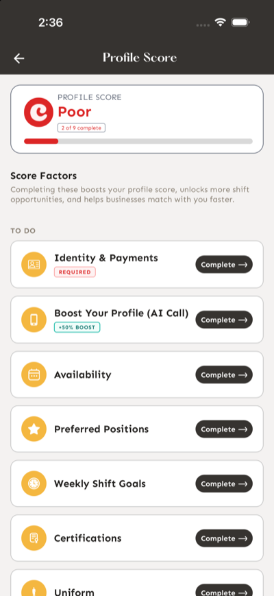 Profile Score showing progress and incomplete profile items with action buttons.