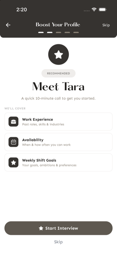 Pantalla Meet Tara con Work Experience, Availability, Weekly Shift Goals y Start Interview.