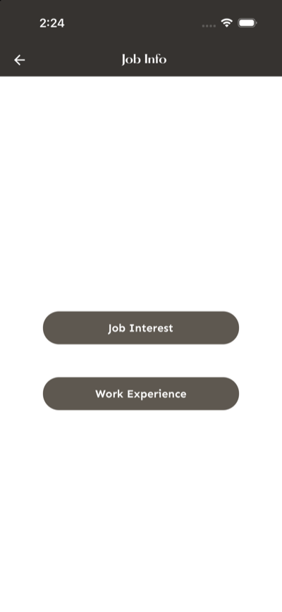 Pantalla Job Info con los botones Job Interest y Work Experience.