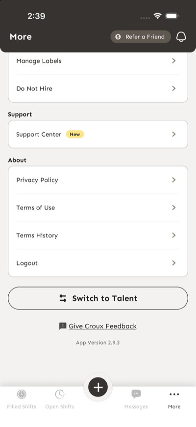 Parte inferior de More en modo Negocio con Logout y Switch to Talent.