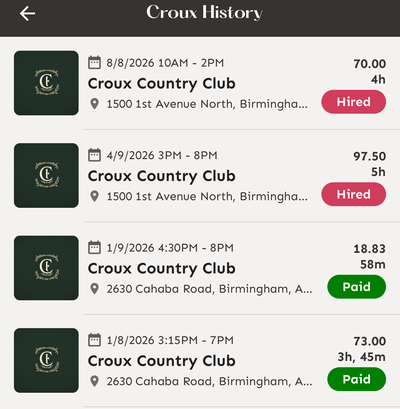 Croux History lists previous shifts for the Croux Country Club fixture account.