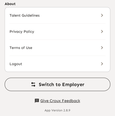 Bottom of the talent More screen with Logout and Switch to Employer.