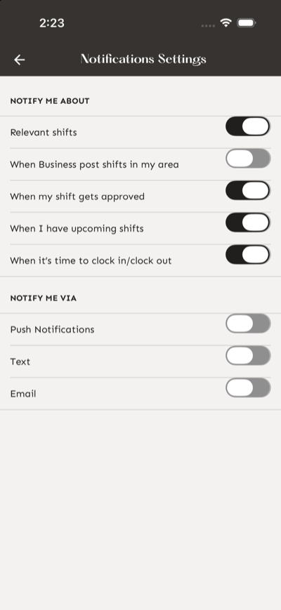 Notifications Settings shows alert-category switches and Push Notifications, Text, and Email channels.