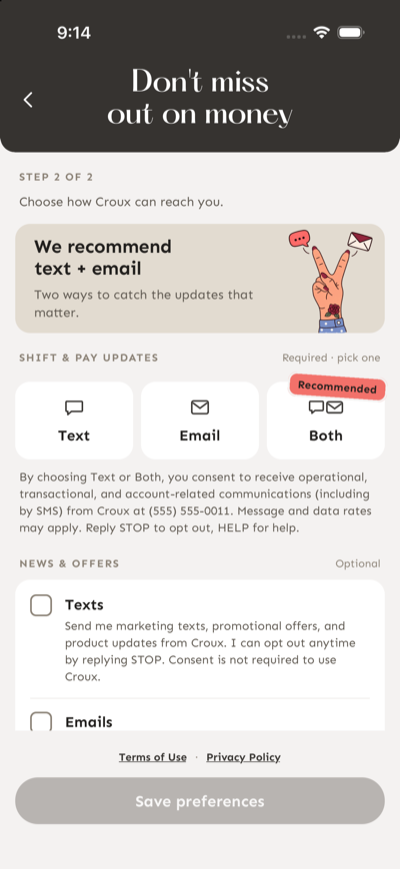 Step 2 of 2, Don't miss out on money: choose Text, Email or Both for shift and pay updates, with Both marked Recommended, and optional News and offers checkboxes.