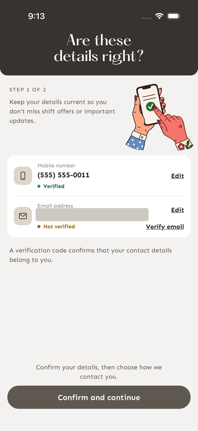 Step 1 of 2, Are these details right?: the mobile number marked Verified and the email marked Not verified, with Edit and Verify email links and a Confirm and continue button.