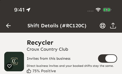 Shift details showing the Invites from this business switch under the business name.
