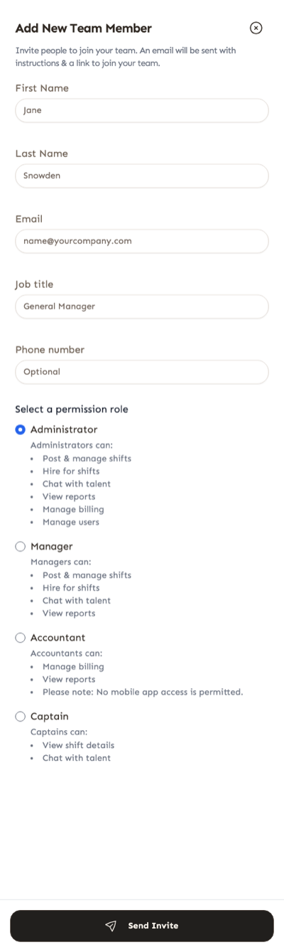 Add New Team Member form with First Name, Last Name, Email, Job title and optional Phone number, the four permission roles, and the Send Invite button