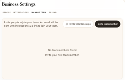 Business Settings, Manage Team tab, with the Invite team member button and the secondary Invite with Concierge button at the top right