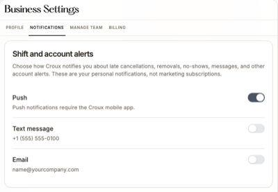 Business Settings, Notifications tab: Shift and account alerts with on/off switches for Push, Text message and Email