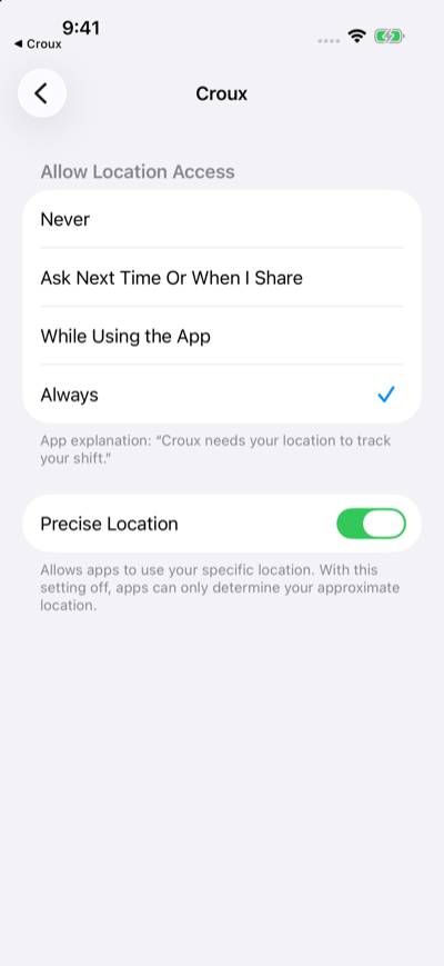 iPhone Settings page for Croux with Allow Location Access set to Always and Precise Location turned on