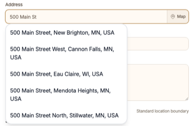Address field on the Post shift form with a list of address suggestions below it