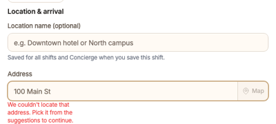 Address field showing the message We couldn't locate that address. Pick it from the suggestions to continue.