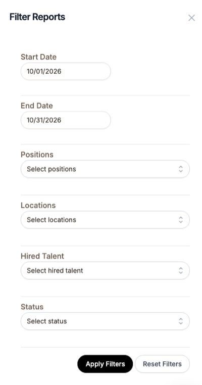 Filter Reports panel with Start Date, End Date, Positions, Locations, Hired Talent and Status fields and Apply Filters and Reset Filters buttons