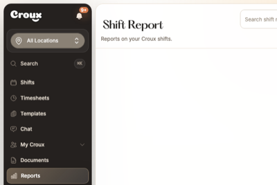 Croux web app left menu with Reports selected and the Shift Report page title