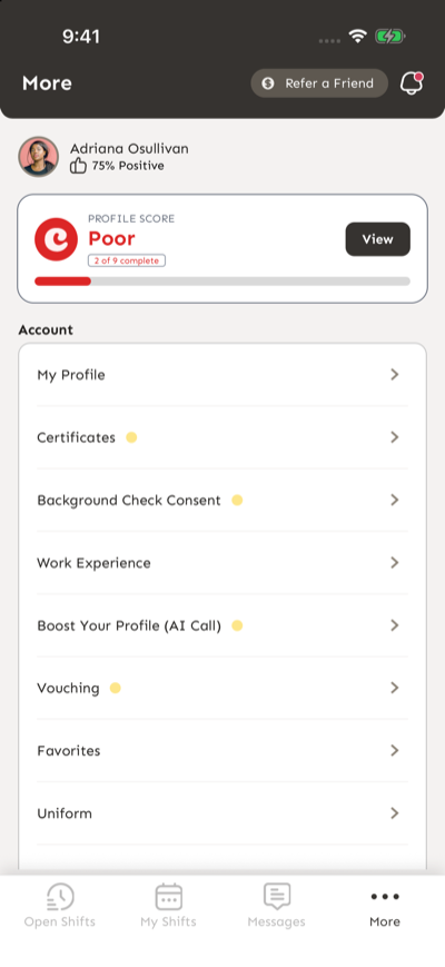 Croux app More tab with the Account section open and the Certificates row second in the list